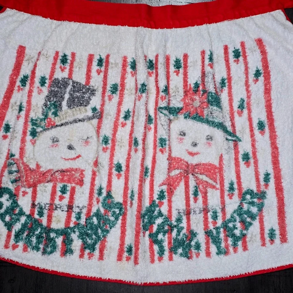 Vintage Christmas Terry Cloth Half Apron Snowmen Red White Waist Tie